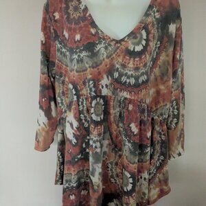 Heimish U.S.A. Tie Dye Baby Doll Jersey Cotton Top V Neck 3/4 Sleeves